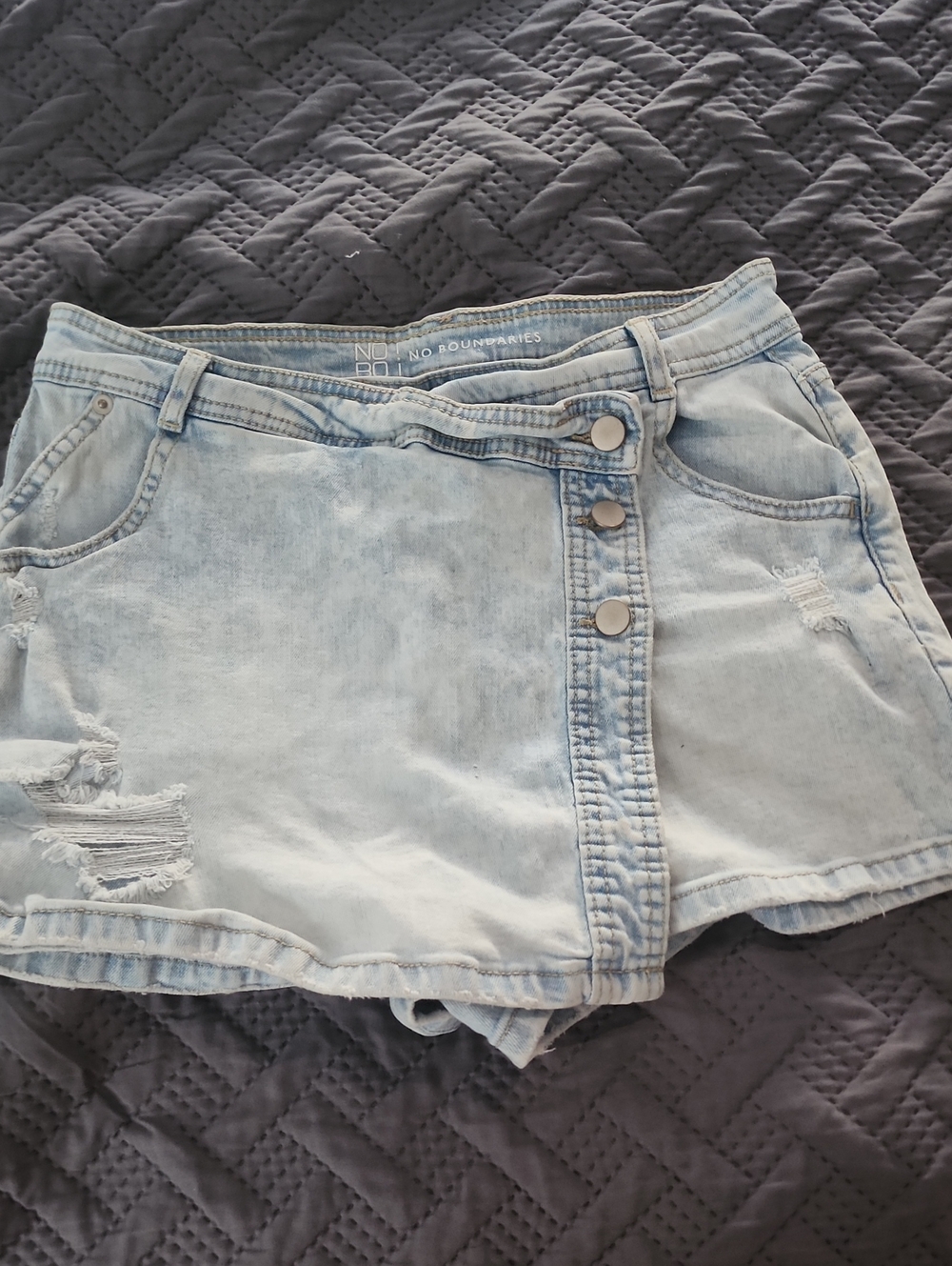 No Boundaries Light Blue Distressed Button-Front Denim Shorts